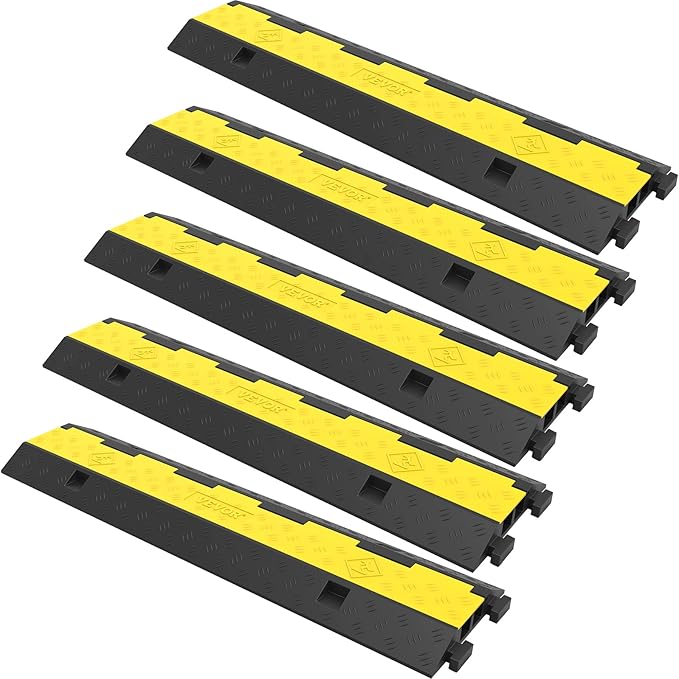 VEVOR Cable Protector Ramp, 5 Packs 2 Channels Speed Bump, Rubber Modular Humps Rated 11000 LBS Load Capacity, Protective Wire Cord Ramp Driveway Rubber Traffic Speed Bumps Cable Protector