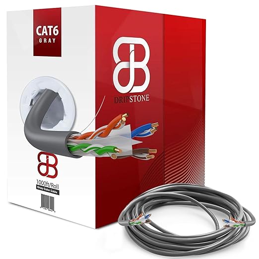 Dripstone CAT6 Ethernet Cable 1000ft Bulk Network LAN Wire 23AWG Solid UTP 550MHz High-Speed Internet Cable Gaming, Streaming, Office, Home Use, Pull Box, Cat6 Bulk, Stable Connectivity - Gray