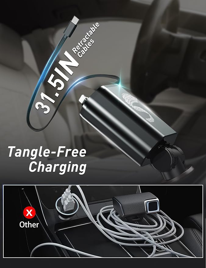 Retractable Car Charger USB C Fast Charging 120W, Car Accessories Cigarette Lighter Adapter Car Charger iPhone16 15 14 13 12 11 Car Essentials Gift for Travelers, Men, Women