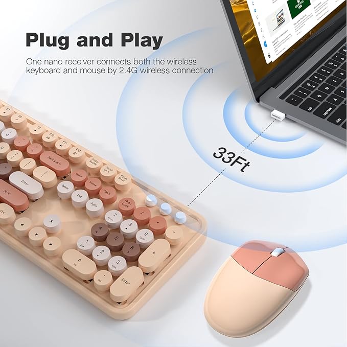 KNOWSQT Wireless Keyboard and Mouse Combo - MilkTea Colorful 2.4G Typewriter Full-Size Cute Keyboards - USB Receiver Plug and Play, for Computer, PC, Laptop, Desktop, Windows