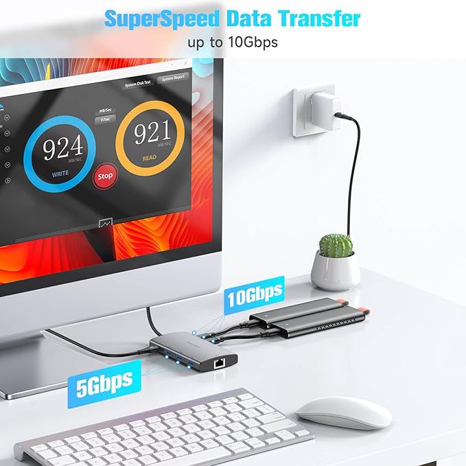RSHTECH 9-in-1 USB C Hub Multiport Adapter with 4K HDMI, 10Gbps USB-3.2 Ports(2C + 1A), 3 USB-3.0 5Gbps Data Ports, 100W PD, Gigabit Ethernet, Aluminum USB-C Dongle for MacBook, Laptops and More