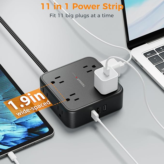 15 FT Extension Cord, TESSAN Ultra Thin Flat Plug Power Strip Surge Protector with 8 Outlets 3 USB Charger(1 USB C), 900J Surge Protection Charging Station for Home Office Dorm Room Essentials, Black