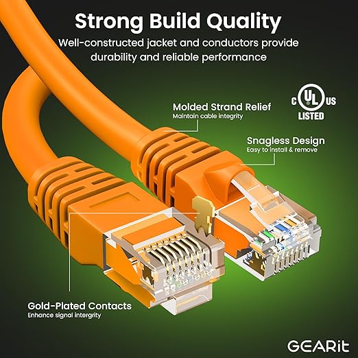GEARit Cat 6 Ethernet Cable (24-Pack 2 Feet) Cat6 Network Patch, 10Gbps, RJ45, Snagless Cord, Gold-Plated Connectors, Internet for PC, TV, Tablet, Router, Printer, Servers, IT Data Center - Orange