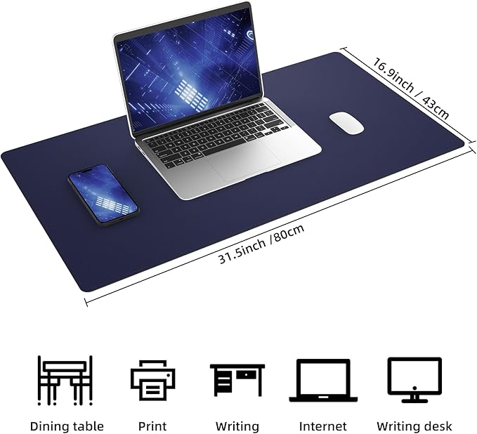 AFIING Dual-Sided Desk Pad, Natural Cork & PU Leather, Desk Mat Protector Non-Slip, Waterproof, Easy Clean,Large Mouse mats for Office and Home Work(Blue, 31.5"x17")