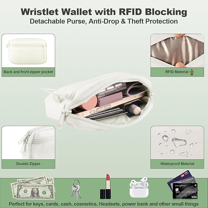 Clip and Go Strap for Phone with Wallet Crossbody, Adjustable Phone Lanyard with Detachable RFID Wristlet Wallet, Pattern Strap, Cream (M)