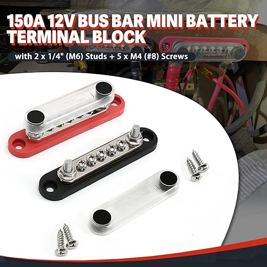150A 12V Power Distribution Block with 2 x 1/4" (M6) Studs + 5 x M4 (#8) Screws Max 150A 48V DC 300V AC for Automotive Car Marine Truck Boat