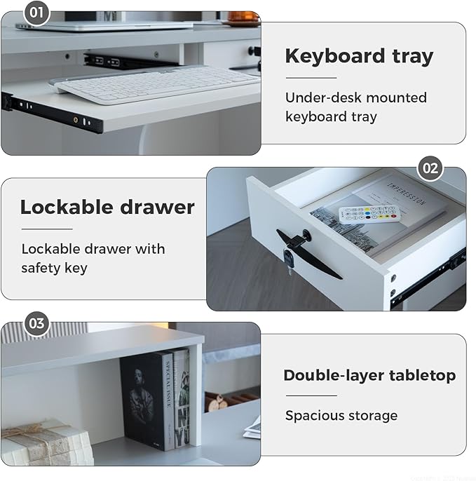 Reception Desk with Counter, Modern Front Desk Reception Counter with Keyboard Tray, Lockable Drawer and Storage Shelves for Office, Retail, Salon(White+Gray/Left, 63" L*24" W*39" H)