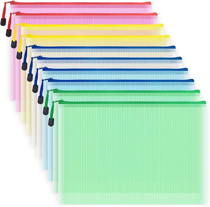AUSTARK 10 Pcs Zipper File Bags, Waterproof Plastic Mesh Pouch for Office School, Board Game Storage Bags (A4 Size 13.4''x9.4'', Multicolored)