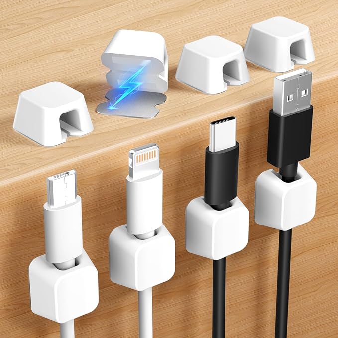 Viaky 8 Pack Magnetic Cable Clips, Large Size Under Desk Cable Management, Workspace Charger Organizer,Cord Holder with Adhesive Metal Disc, Office Desk Accessories for Nightstand Car Wall (White)