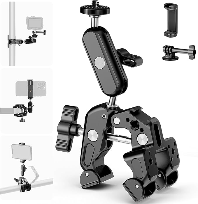 NEEWER Super Clamp with 3" Dual Ballhead Magic Arm, Camera Phone Clamp Mount with 1/4" 3/8" Threads, Cold Shoe, Phone Holder, Action Camera Adapter Compatible with GoPro DJI iPhone 16 15 Pro Max, ST88