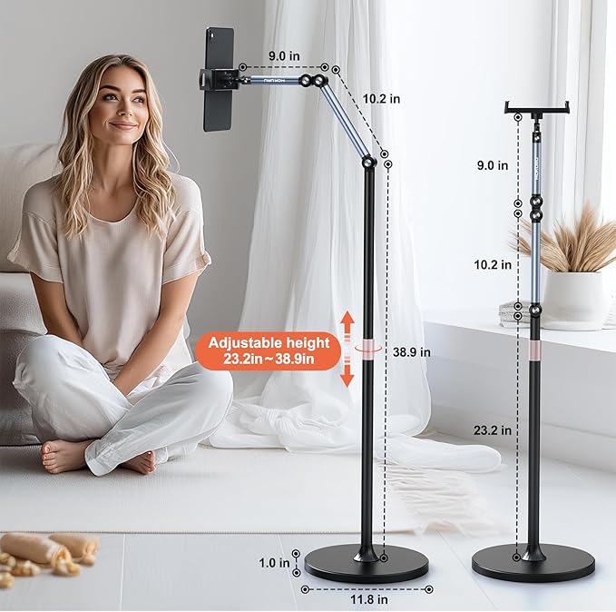 Tablet Floor Stand, Adjustable Tablet Stand, 360° Rotation Tablet Holder, Compatible with iPad, iPhone, Samsung, Google, Kindle Tablet/Phone, (4.5''-12'')