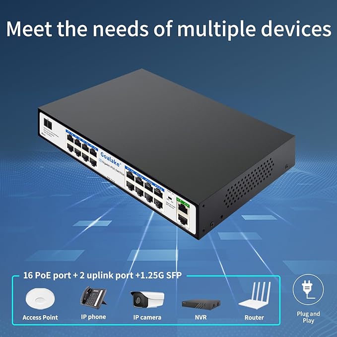 PoE Switch with 16 Gigabit PoE+ @240W Built-in Power, 2 Uplink Gigabit Port + 1 Combo SFP Slots, IEEE802.3af/at, Metal Casing, VLAN Mode, AI Function, Plug & Play Rack-mountable