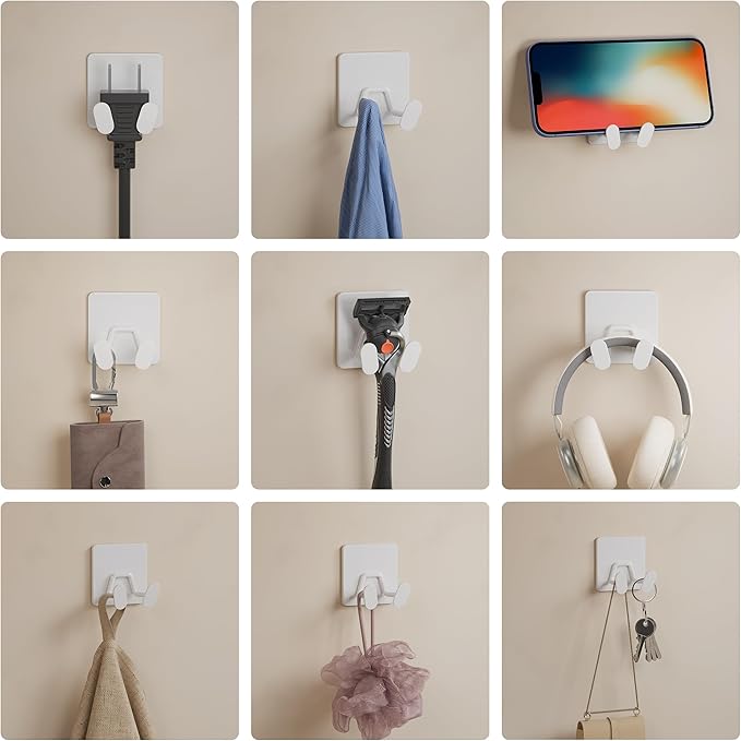 Adhesive Shower Hooks for Inside - Extra Sticky Stainless, Razor Holder Shower Accessories, Wall Mounted Self-Adhesive Double Hooks for Razor, Loofah, Towel, Shaver, Coat, Key, White, 4 Pack