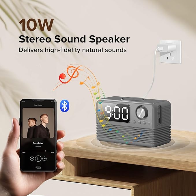 15W Fast Wireless Charger with Bluetooth Speaker and Alarm Clock Radio,4 in1 Wireless Charging Station for iPhone,Android Phones with FM Radio for Bedroom