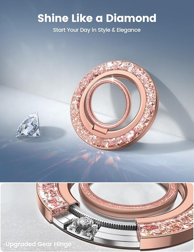 Lamicall Magnetic Twinkle Ring for MagSafe Grip - Stylish Glitter for Mother, Magnet Phone Ring Finger Holder Stand, Upgrade Gear Hinge Mag Safe Accessories for iPhone 16 15 Pro Max, Rose Gold