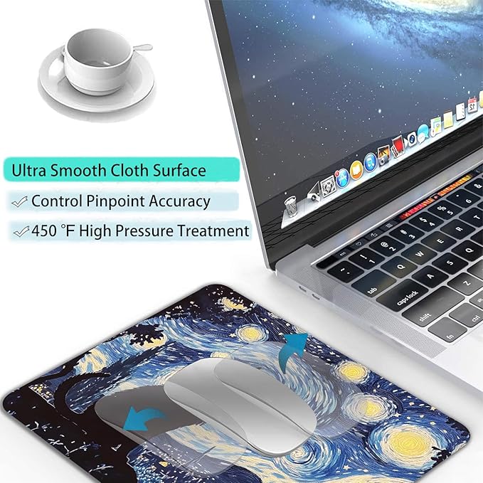 Starry Night Black Cat Custom Mouse Pad with Non-Slip Rubber, Small Square Design for Wireless Laptop & Computer Mouse Pads for Desk, 9.5 x 7.9 inch Smooth Surface for Gaming & Office