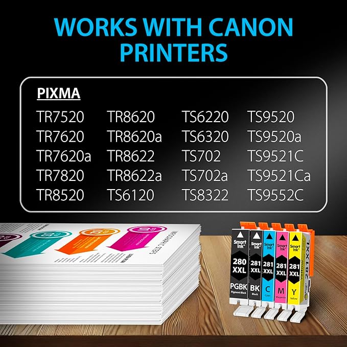 Smart Ink Compatible Ink Cartridges Replacement for Canon 281 280 PGI-280XXL CLI-281XXL (5 Combo Pack) to use with Canon Printers Pixma TR8520 TS9120 TS6120 TR8620 TR8620a TS6320 TR7520 PGBK/BK/C/M/Y