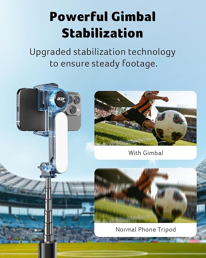 acer Gimbal Stabilizer 1-Axis for iPhone/Cell Phone/Smartphone/Android with Remote Control, Portable Phone Tripod Auto Balance Handheld Selfie Stick for Video Recording, Vlogging, Live Streaming