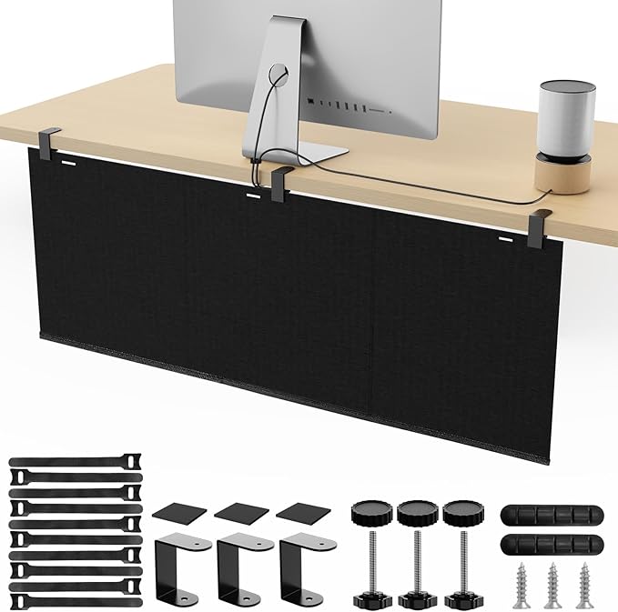 No Drill Under Desk Cable Management and Privacy Panel 2 in 1 | Modesty Panel with Cord Organizer |Felt Standing Desk Back Skirt for Office,Home(47.2")