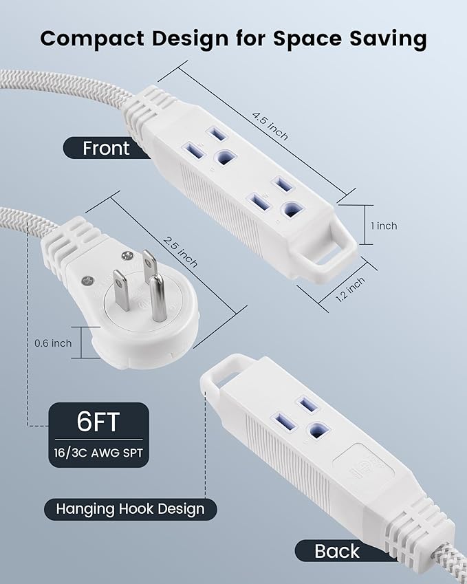 SURAIELEC 6FT Flat Extension Cord with 360° Rotating Plug, Braided Flat Plug with 3 Outlets, 16 AWG Thin White Extension Cord for Indoor Use, Home, Office, Compact Spaces, ETL Listed