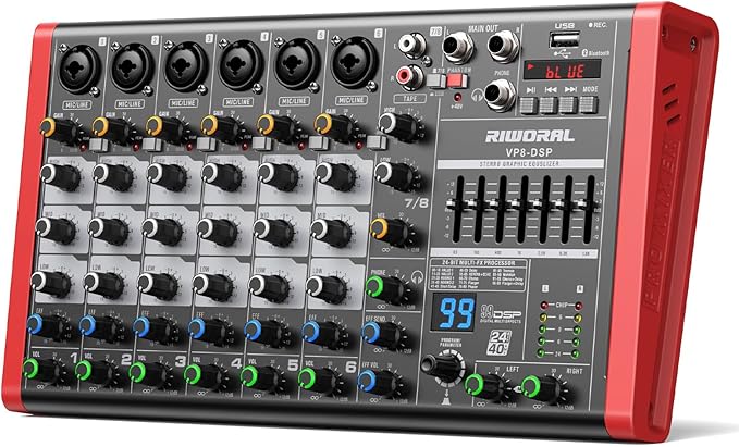 8 Channel Audio Interface Sound Board Mixing Console XLR 1/4 inch Jack USB Bluetooth Echo Delay Effect, Input 48V Phantom Power Stereo DJ Mixers for Podcasting