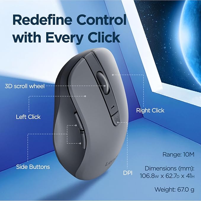 Lenovo WL310 Bluetooth Silent Mouse, Ergonomic, Adjustable DPI, Silent Clicks, Bluetooth 5.0, Portable for Windows, Mac, and Chromebook, Grey