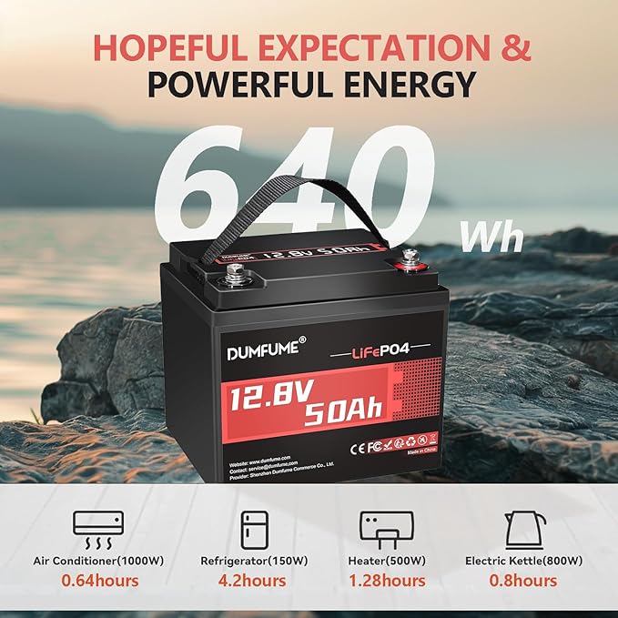 12.8V 50Ah LiFePO4 Lithium Battery, Built-in 50A BMS,640Wh Capacity, 4000+ Cycles, Low-Temp Protection,Perfect for RV, Camping, Trolling Motor, and Home Energy Storage