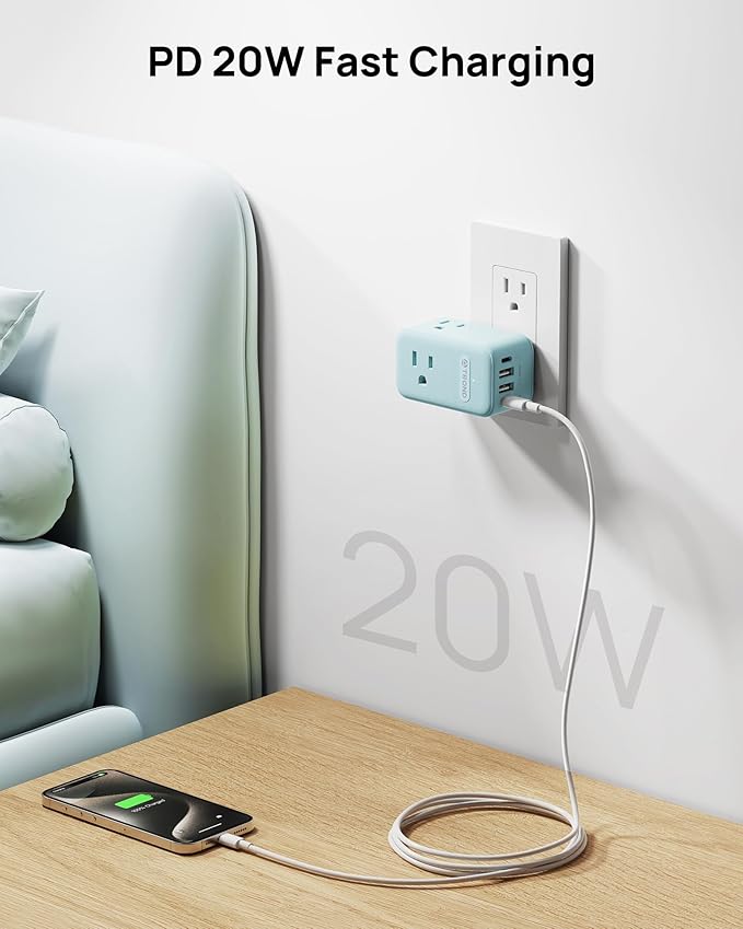 TROND Outlet Extender with USB, Multi Plug Wall Outlet with 3 AC Chargers, 360 Rotating Plug Adapter with PD 20W USB C Port, Cute Colorful Power Extension for Home Decoration, Travel Essentials