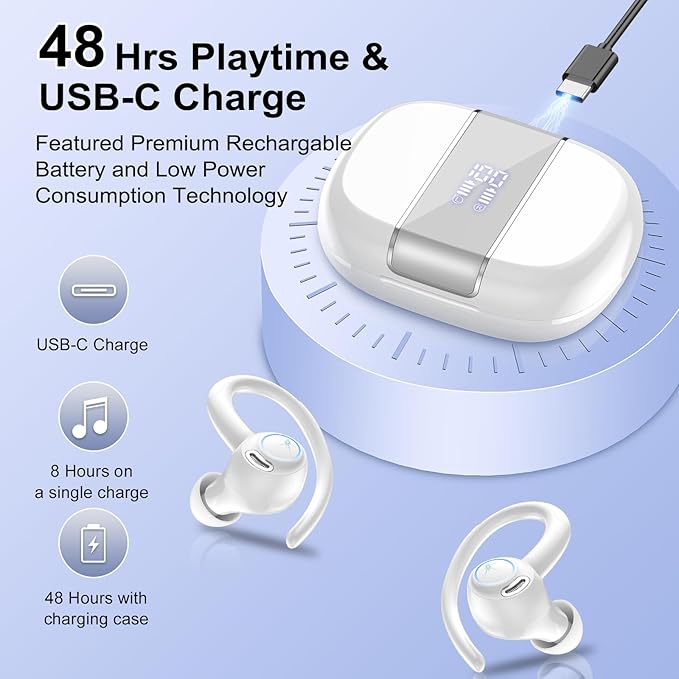 Wireless Earbuds Bluetooth 5.3 Headphones Sports, 48Hrs Playtime Bluetooth Earbuds with CVC 8.0 Mic, 2025 Stereo Bass Over Ear Bud with Earhooks, LED Display, IP7 Waterproof Earphon for Running White