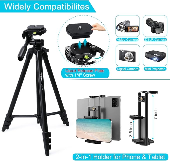 Endurax 60'' Camera Tripod Camera Stand for Canon Rebel Eos Nikon DSLR, Travel Tripods for Phone Tablet with Remote Black