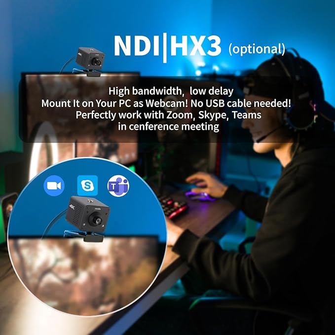 4K Native NDI HX3 POV Webcam Camera PoE, ZowieCAM, Simultaneously HDMI & SDI Output, RTSP/RTMP(s)/SRT, Standalone Live Streaming to YouTube/Twitch for Webcast, Meeting, Teaching & Gaming (M12)