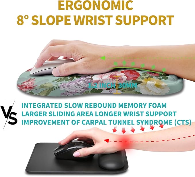 Hokafenle Ergonomic Mouse Pad Wrist Support, Wrist Rest Mousepad for Carpal Tunnel Pain Relief with Integrated Memory Foam Slope Massage Bulge (11.8x7.9 inch,Graceful Peony