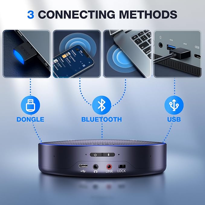 EMEET Bluetooth Speakerphone M3, Zoom Certified 4 AI Mics 360°Voice Pickup 18H Talk Time Conference Speaker and Microphone, USB/Bluetooth Conference Speaker w/Daisy Chain for 20 People for Zoom Teams