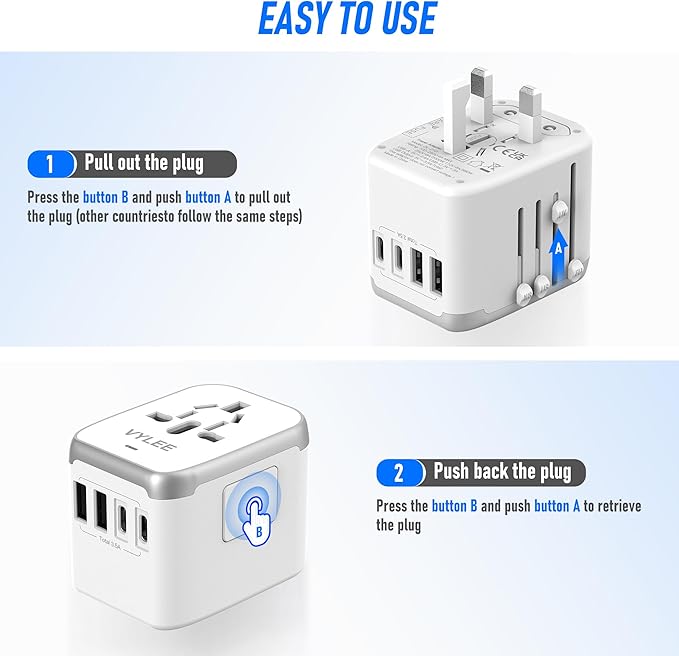 Universal International Power Travel Plug Adapter, 5 in 1 European Travel Plug Adapter W/ 3.5A 2xUSB-A and 2xUSB C Wall Charger and Worldwide AC Outlet for Europe USA UK AUS Asia (White Grey)