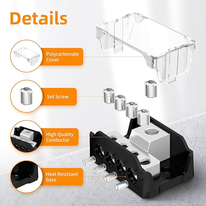 Joinfworld 4 Way Power Distribution Block Car Audio 0/2/4 Gauge Input 4/8/10 Gauge Output Amp Ground Distribution Block Splitter - 2pcs