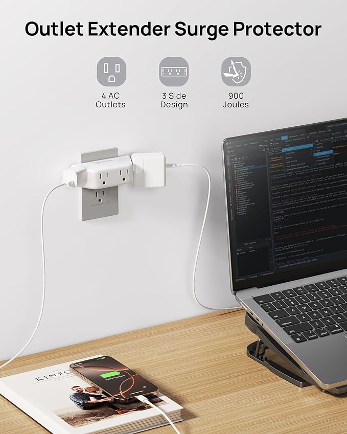 TROND Outlet Extender Surge Protector - Multi Plug Wall Outlet with 4 Grounded Sockets, 3 Way Angled Plug Adapter, 900J, Electrical Wall Splitter for Home Office Travel Dorm Room, White