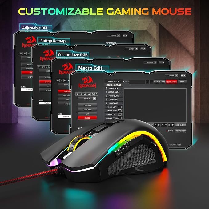 Redragon M602 Gaming Mouse, Ergonomic RGB Gaming Mouse Wired with 7200 Adjustable DPI, 9 Programmable Buttons, Professional Software for Gamer Office [Black]