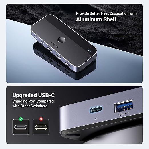 UGREEN USB 3.0 Switch 2 Computers Sharing USB C & A Devices, 4 Port USB Switcher Sharing Keyboard and Mouse, Printer/Scanner USB Switch Hub for Two Computers with 2 USB3.0 Cables and Controller