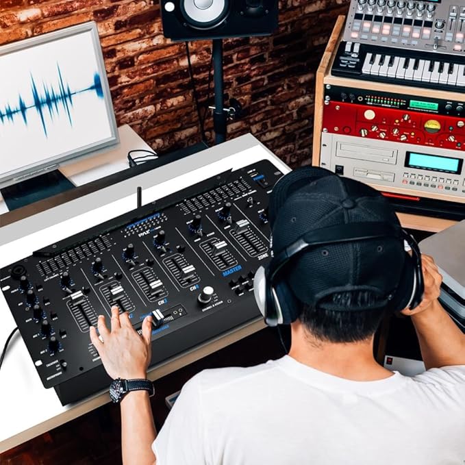 Pyle 6 Channel Mixer DJ Controller with Bluetooth, Professional Sound Digital Mixing System with LED Illumination, Slider Controls, Speed Control, 10 Band Equalizer 5U Rack Mount System - PYD1964B.5