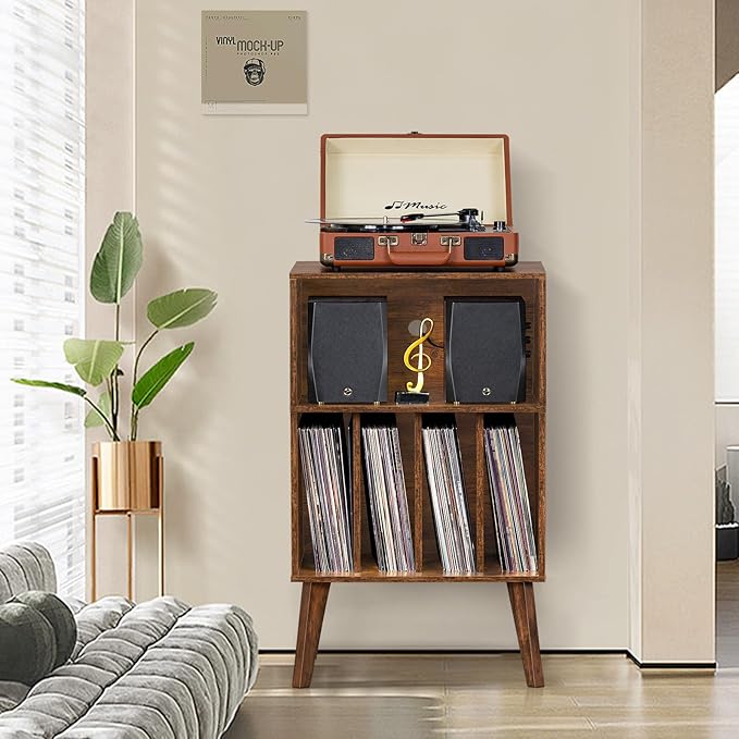 Lerliuo Record Player Stand, Brown Turntable Stand Holds up to 160 Albums, Mid-Century Vinyl Storage Cabinet Table with Solid Wood Legs, Record Player Holder Dispaly Shelf for Bedroom Living Room