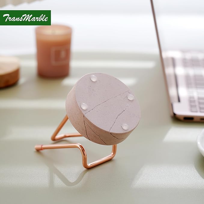 Marble Phone Stand with Metal Holder, Charging Available While Using, Swipe Up to Unlock, Made of Natural Marble as Business Card Holder for Office Desk (Rose Pink + Rose Gold)