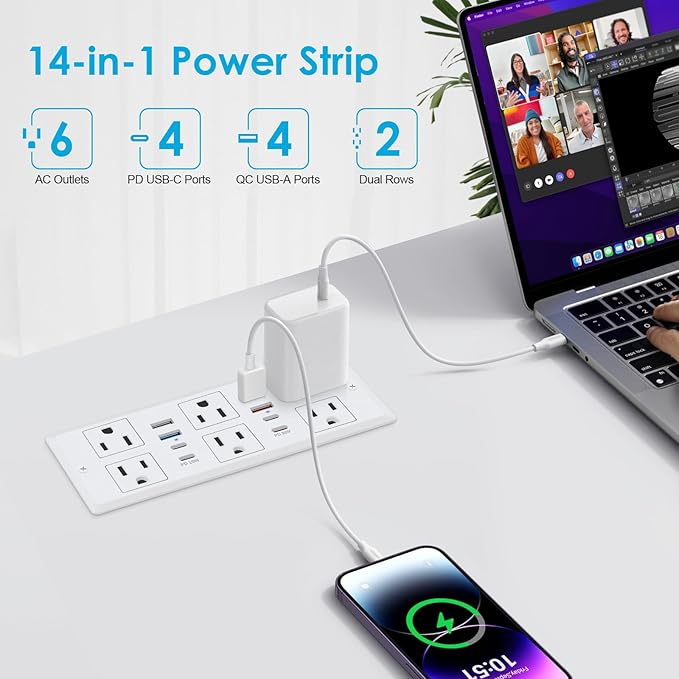 30W Recessed Power Strip USB C, Desk Flush Mount Outlet Plug in 6 AC & 8 USB Ports for Furniture Conference Power Hub, 6FT
