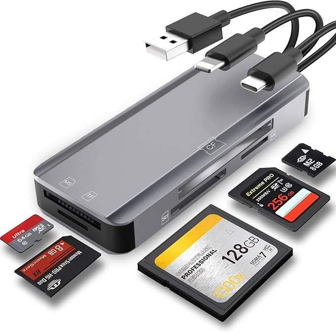 5-in-1 Multi Memory Card Reader,Aluminum SD/TF/CF/MS/M2/Micro SD Card Reader Adapter for i-Phone/i-Pad USB C and USB A Devices,No Application Required Plug and Play