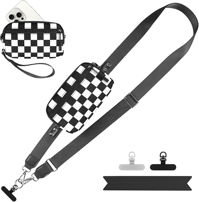 Clip and Go Strap for Phone with Wallet Crossbody, Adjustable Phone Lanyard with Detachable RFID Wristlet Wallet, Phone Strap with Phone Tabs for All Phones, Black Checkered (L)