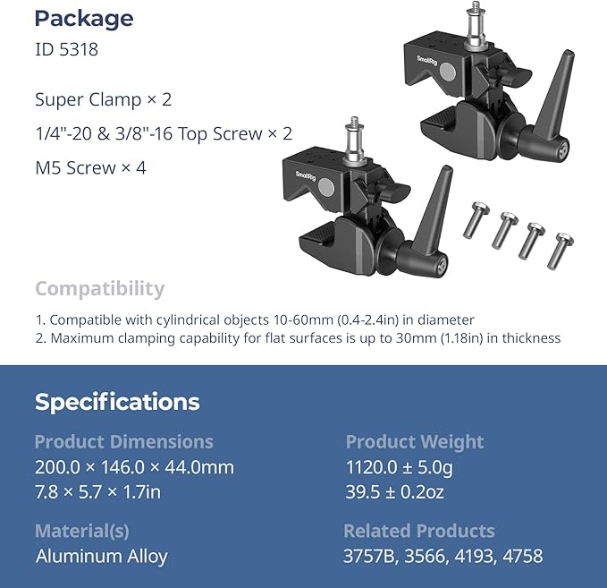 SmallRig Super Clamp Kit 2-Pack, Heavy Duty Max Load 33lb /15kg, with a 1/4"-20 & a 3/8"-16 Top Screw on a 5/8" Stud, for Photography Studio Video Camera Lighting, for Round Pipe and Flat Surface 5318