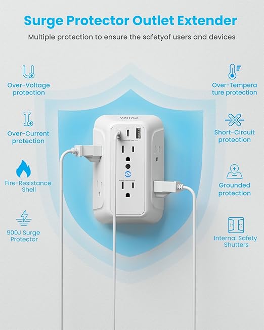 [2-Pack] Surge Protector Outlet Extender, VINTAR 6 Outlet Splitter with 3 USB Charging Ports (2 USB C),900J Multi Plug Outlet Power Strip, 3-Sided Usb Wall Charger for Home Office Dorm Room Essentials