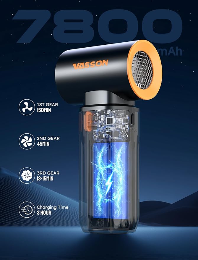 Compressed Air Duster, 260000RPM Cordless Electric Air Blower with Brushless Motor, 3-Speed Adjustable & Rechargeable – Powerful Dust Cleaner for Keyboard, Computer, Car, Outdoor, Air Bed