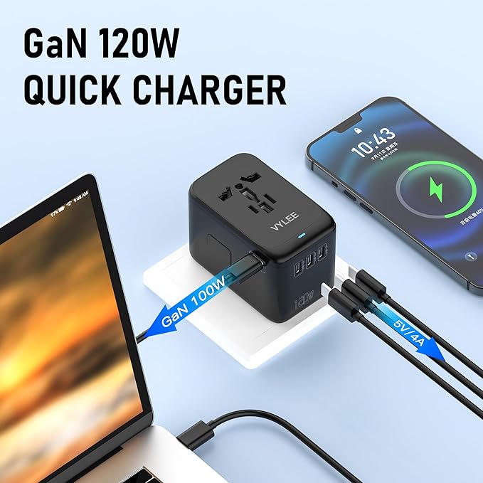 120W Universal Travel Adapter, GaN III International Power Adapter, 4 USB-C 1 USB-A Ports, AC Outlet, Worldwide US/UK/EU/AU Travel Charger for Cameras Laptops Tablets Phones and More