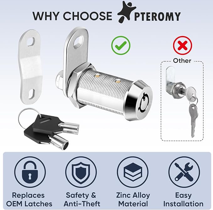 PTEROMY 2 Pack Cabinet Locks with Keys, Heavy Duty Tubular Cam Lock for RV Compartment Storage, Full Set (Chrome, 1-1/2'', 2 Pack)