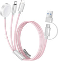 Temdan for Travel Vacation Essentials,3 in 2 USB C Cable for Apple Watch Charger/iPhone 16 Charger/Lightning,Multi Charging Cable Cord,Camping Essentials,Designed for iWatch & iPhone 16-12-4FT Pink